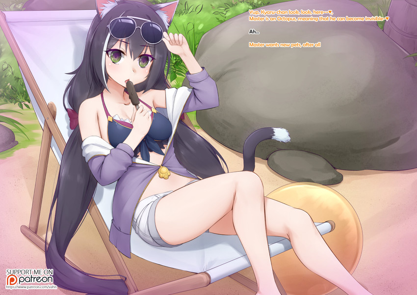 black_body black_fur black_hair blush breasts cleavage clothed clothing dialogue exposure_variation eyewear female food fur green_eyes hair heart_symbol hypnosis inner_ear_fluff long_hair mind_control popsicle simple_background sitting small_breasts solo sunglasses swimwear text tuft vahn_yourdoom cygames princess_connect! princess_connect!_re:dive karyl_(princess_connect!) animal_humanoid cat_humanoid felid felid_humanoid feline feline_humanoid humanoid mammal mammal_humanoid alternate_version_at_source english_text