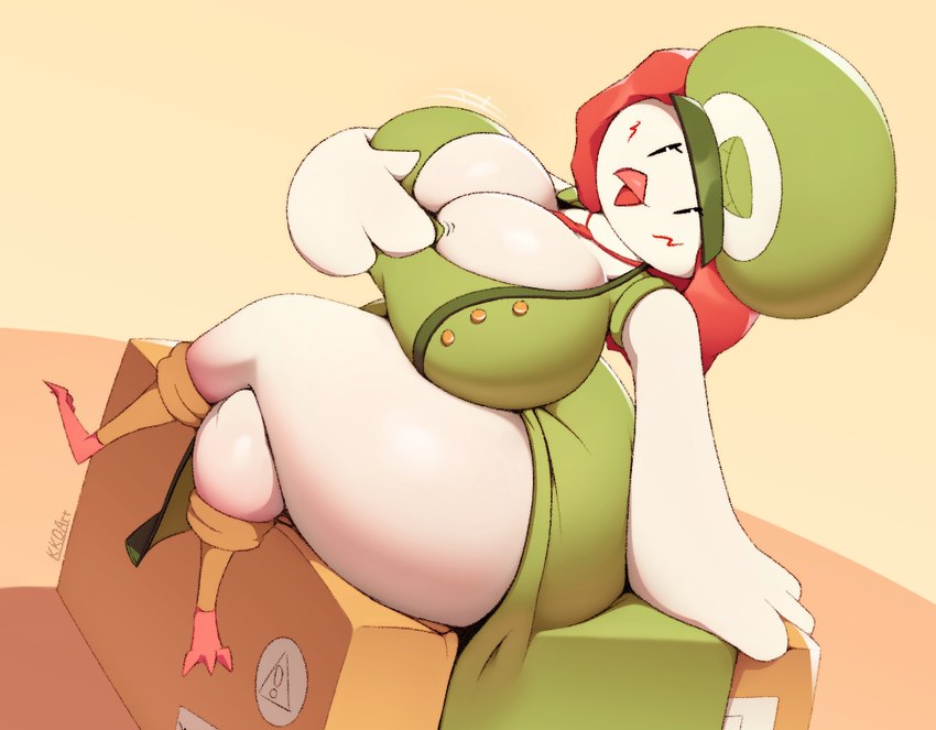 anthro beak big_breasts box breasts cleavage clothed clothing container female footwear hair hat headgear headwear huge_breasts huge_thighs looking_at_viewer non-mammal_breasts open_beak open_mouth red_hair sitting socks solo thick_thighs uniform white_body kkoart paz_(kkoart) avian bird columbid dove