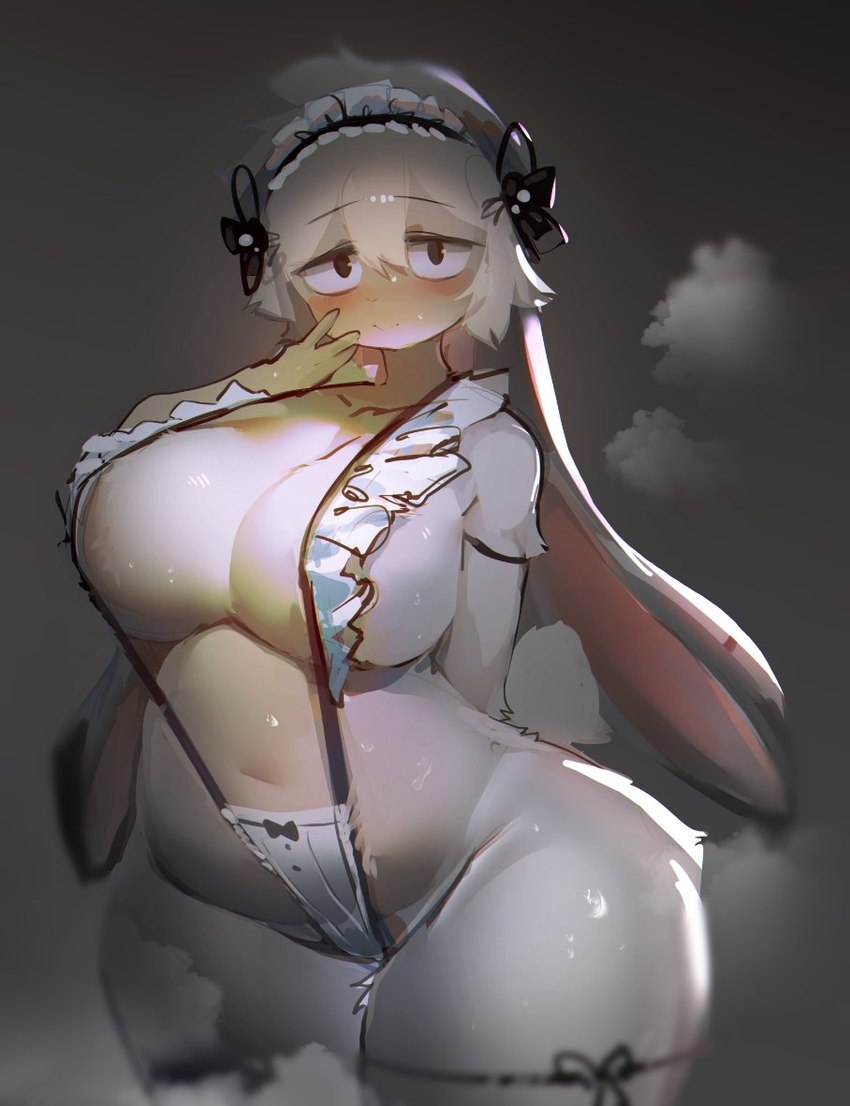 anthro big_breasts blonde_hair blush breasts clothing curvy_figure female fur hair looking_at_viewer smile solo thick_thighs voluptuous wide_hips utterangle meme_clothing yuio_maid_dress lagomorph leporid mammal rabbit meme