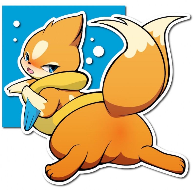 ambiguous_gender blue_eyes blush butt feral looking_back lying open_mouth raised_tail rear_view solo spread_legs spreading tail tail_motion tailwag teeth rag._(artist) nintendo pokemon floatzel generation_4_pokemon pokemon_(species)