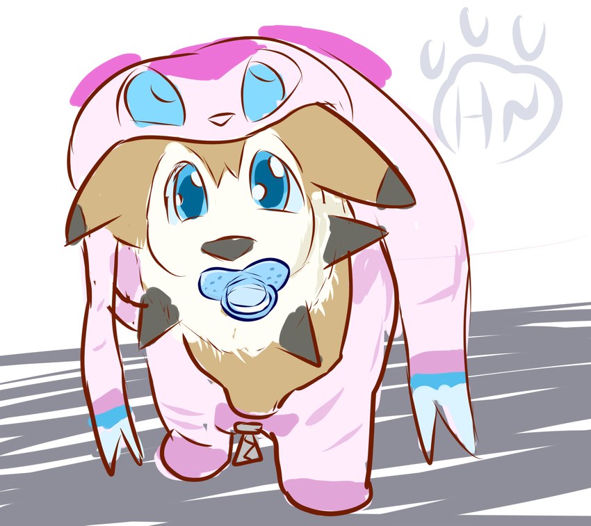 ageplay clothing feral infantilism onesie pacifier pajamas roleplay hangyakuneko nintendo pokemon canid canine canis domestic_dog eeveelution generation_6_pokemon generation_7_pokemon lycanroc mammal midday_lycanroc pokemon_(species) sylveon hi_res