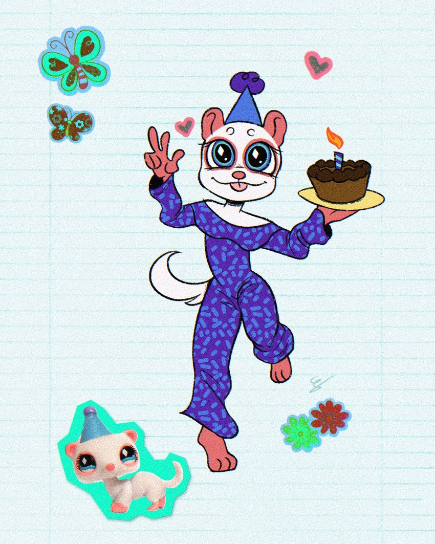 alternate_form anthro anthrofied cake candle clothed clothing clown dessert female fire flower food fully_clothed gesture hand_gesture hat headgear headwear heart_symbol holding_food holding_object multiple_forms party_hat plant plate real solo sticker tail tongue tongue_out toy v_sign shaylastokesart hasbro littlest_pet_shop lps_520 domestic_ferret mammal mustelid musteline true_musteline weasel 4:5 blue_theme collage_(artwork) cool_colors digital_drawing_(artwork) digital_media_(artwork) hi_res mixed_media