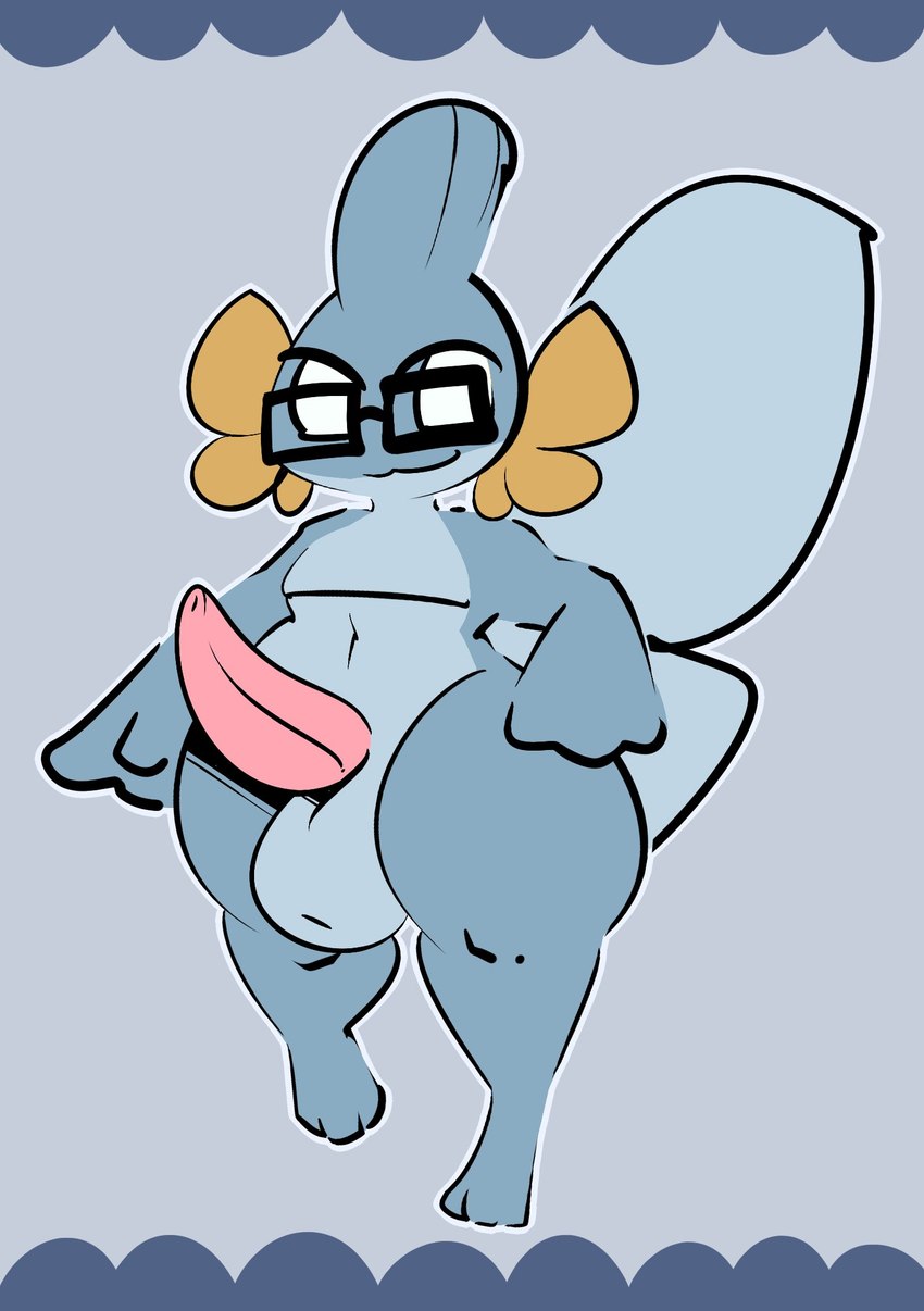 anthro balls big_balls big_penis big_tail blue_background blue_body eyewear genitals glasses male navel penis simple_background smile solo tail thick_thighs 1upgobbo nintendo pokemon jay_(1upgobbo) generation_3_pokemon mudkip pokemon_(species) 2025 hi_res