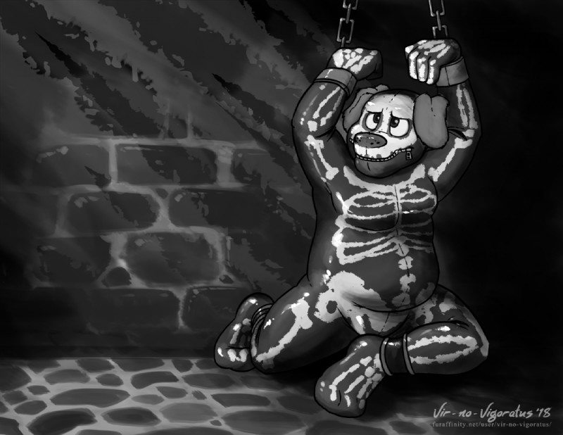 anthro bdsm bodysuit bondage bone bound clothing cuff_(restraint) gimp_suit male restraints shackles skeleton skinsuit solo tight_clothing zentai vir-no-vigoratus canid canine canis domestic_dog mammal monochrome