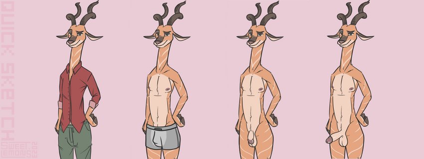 anthro balls bedroom_eyes bottomwear boxers_(clothing) boxers_only bulge clothed clothing dark_nose erection fingers flaccid genitals grey_clothing hand_on_hip hooved_fingers hooves horn humanoid_genitalia humanoid_penis light_body long_ears long_neck looking_at_viewer male markings mostly_nude multicolored_body narrowed_eyes nipples nude penis pink_background red_clothing red_shirt red_topwear seductive sexy_eyes shirt simple_background simple_coloring simple_eyes smile solo standing striped_body striped_markings stripes tan_body topless topwear two_tone_body underwear underwear_only sweet.lemons disney zootopia bucky_oryx-antlerson antelope bovid bovine gemsbok grazing_antelope kudu mammal oryx spiral-horned_antelope 2023 absurd_res digital_drawing_(artwork) digital_media_(artwork) digital_painting_(artwork) hi_res signature