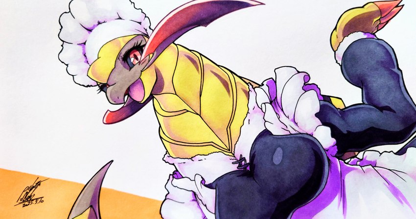 anthro black_sclera blush blush_lines breasts claws clothing eyelashes female looking_at_viewer maid_hat maid_headdress maid_uniform non-mammal_breasts open_mouth red_eyes simple_background solo tail tongue uniform yellow_body 025aki nintendo pokemon generation_5_pokemon haxorus pokemon_(species) scalie 2025 absurd_res dated hi_res signature