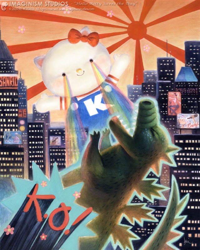 accessory bow_(feature) bow_accessory bow_ribbon building city cityscape destruction duo female fight_message flower hair_accessory hair_bow hair_ribbon humor japan k.o. plant rainbow rainbow_colors rainbow_power ribbons skyscraper smile text tokyo imaginism godzilla_(series) hello_kitty_(series) sanrio toho godzilla hello_kitty_(character) dinosaur kaiju prehistoric_species reptile scalie 2009 hi_res traditional_media_(artwork)