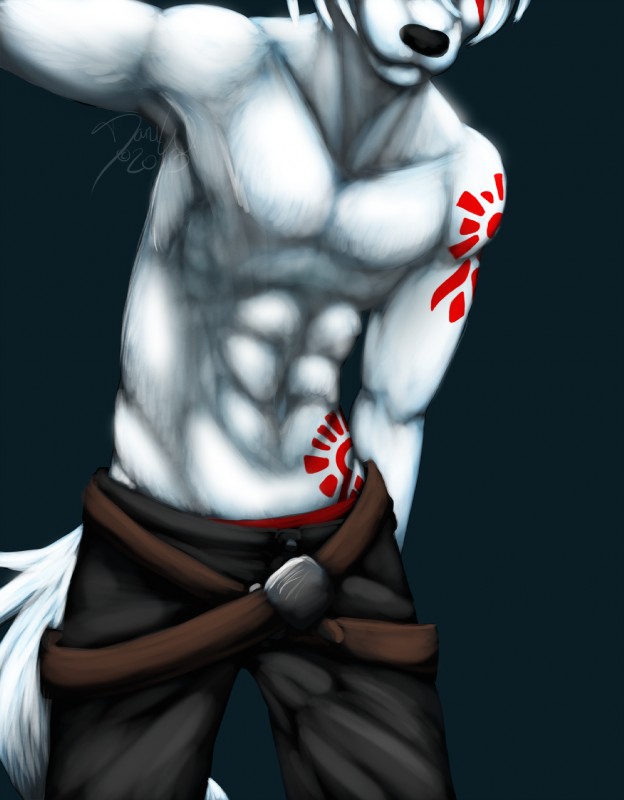 anthro belt black_nose clothed clothing male muscular muscular_anthro muscular_male solo tail tattoo topless raphial runicnature raphial_(character) arctic_wolf canid canine canis mammal wolf 2013 hi_res