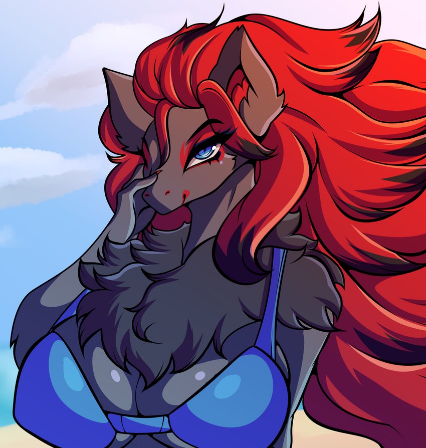 anthro beach big_breasts bikini black_body black_fur blue_eyes breasts clothed clothing day female fur grey_body grey_fur hair hand_on_face long_hair looking_at_viewer one_eye_closed outside red_hair seaside sky solo swimwear two-piece_swimsuit chromaboiii nintendo pokemon canid generation_5_pokemon mammal pokemon_(species) zoroark absurd_res bust_portrait hi_res portrait