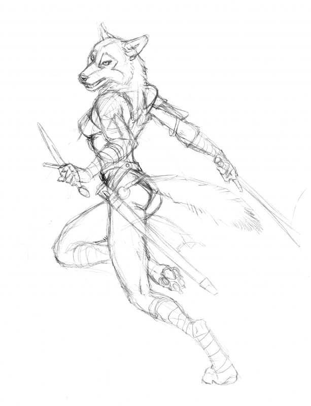 anthro armor barbarian belt bikini black_nose butt claws clothing dagger digitigrade dual_wielding female fur furgonomics holding_melee_weapon holding_object holding_sword holding_weapon melee_weapon pauldron pawpads scabbard simple_background solo swimwear sword swordplay tail tail_clothing two-piece_swimsuit warrior weapon white_background wraps scott_ruggels asheru_(setting) asheru canid canine canis mammal wolf absurd_res black_and_white hi_res monochrome sketch