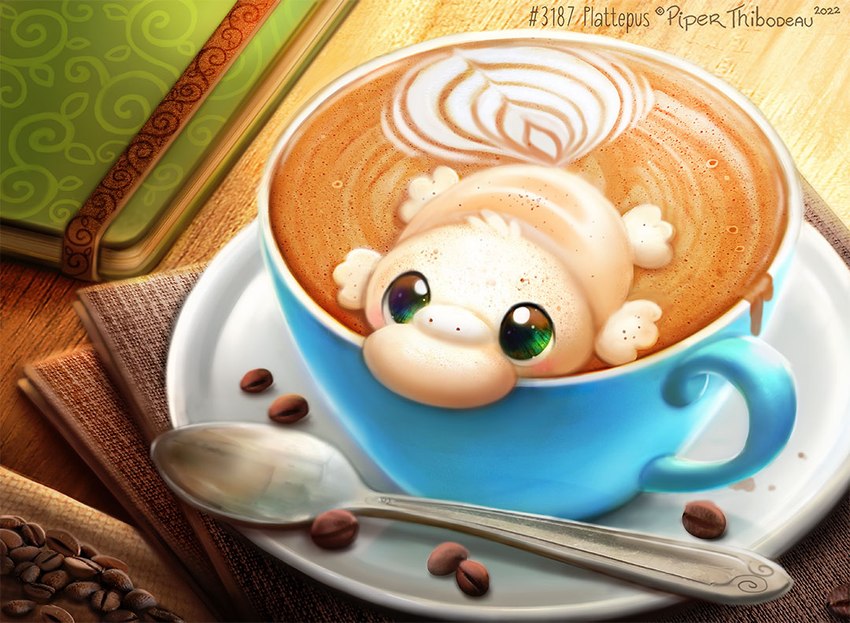 ambiguous_gender bean beverage coffee coffee_bean coffee_cup container cup cutlery feral food humor kitchen_utensils latte_art napkin notebook pun saucer solo spoon text tools visual_pun piper_thibodeau food_creature mammal monotreme platypus 2022 digital_media_(artwork) digital_painting_(artwork) painting_(artwork)