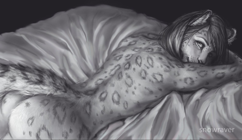 anthro bed biped black_hair butt female fur furniture hair long_hair looking_at_viewer lying markings nude on_bed on_front photorealism solo spots spotted_body spotted_fur spotted_markings spotted_tail tail tail_markings whiskers snowraver_(artist) snowraver felid mammal pantherine snow_leopard 2018 digital_media_(artwork) greyscale monochrome