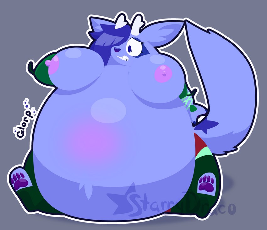 anthro antlers belly big_belly big_breasts big_ears blue_body blue_fur blueberry_inflation breasts female fur hair horn inflation nipples onomatopoeia overweight pawpads paws simple_background solo sound_effects text starrydraco starry_(starrydraco) mammal therrigon absurd_res digital_media_(artwork) hi_res