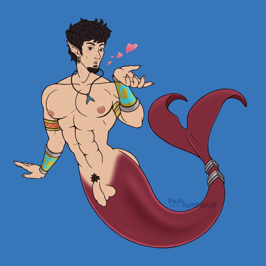 abs armor balls beard blowing_kiss body_hair bracers cuffs_(clothing) dark_eyes dark_hair ear_piercing ear_ring facial_hair flukes foreskin genitals goatee happy_trail heart_symbol jewelry male navel necklace nipples pecs penis piercing red_tail ring_piercing solo split_form tail waist frankly-art humanoid taur 1:1 hi_res