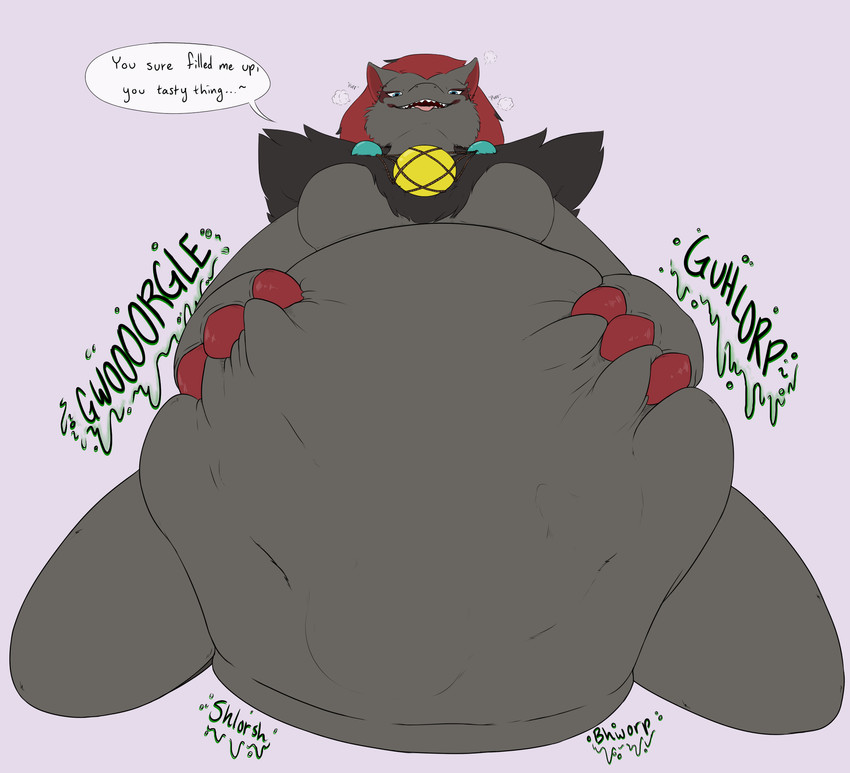 3_claws 3_fingers abdominal_bulge after_vore ambiguous_gender ambiguous_prey anthro anthro_pred arm_tuft belly belly_focus belly_squeeze big_belly biped black_body black_fur black_text black_tuft blue_eyes blue_sphere bodily_noises breasts breath breathing_noises cheek_tuft claws death derived_sound_effect dialogue different_sound_effects digestion dominant dominant_anthro dominant_female ear_tuft ellipsis extended_sound_effect facial_markings facial_tuft fangs fatal fatal_vore featureless_breasts female female_pred finger_claws fingers fluffy fluffy_chest fluffy_hair front_view fur fur_tuft glorp grey_body grey_fur hair half-closed_eyes hand_on_belly happy head_markings holding_belly holding_stomach inner_ear_fluff jewelry kneeling long_hair looking_at_own_belly looking_at_viewer looking_down low-angle_view markings mostly_nude motion_lines narrowed_eyes neck_tuft necklace on_ground onomatopoeia open_mouth open_smile oral_vore orb overweight overweight_anthro overweight_female panting pink_background pink_tongue red_claws red_hair red_markings red_tuft rope rumbling_stomach sadism same_size_vore satisfied shoulder_tuft simple_background slorsh slosh sloshing_belly smile soft_vore solo sound_effect_variant sound_effects speech_bubble sphere talking_to_another talking_to_prey teeth text tongue tongue_out tuft vore weight_gain pingthehungryfox nintendo pokemon ceres_(radarn) fan_character canid canine generation_5_pokemon mammal pokemon_(species) zoroark 2021 digital_drawing_(artwork) digital_media_(artwork) english_text flat_colors hi_res