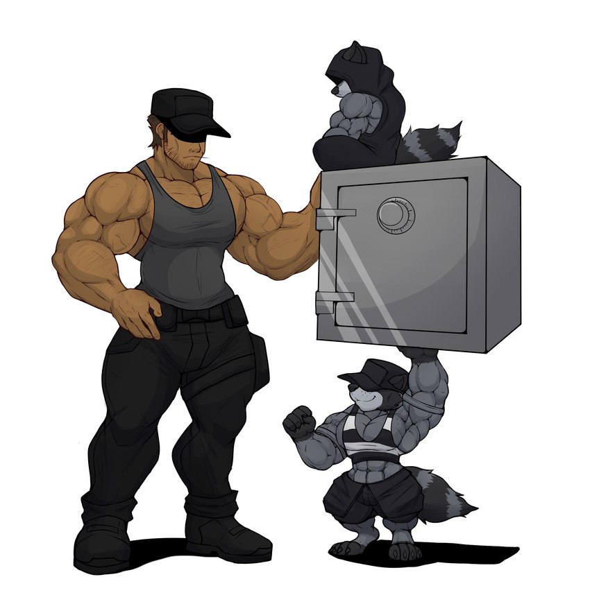 abs anthro biceps big_muscles clothing group hat hat_over_eyes headgear headwear male manly muscular muscular_male pecs safe_(container) shirt simple_background size_difference tank_top tight_clothing topwear white_background kheel human mammal procyonid raccoon hi_res