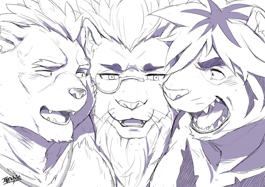 anthro blush eyebrows eyewear group male mane monocle thick_eyebrows trio whiskers hijirinoyuta lifewonders tokyo_afterschool_summoners barguest_(tas) macan_(tas) snow_(tas) bear felid lion mammal pantherine tiger bust_portrait hi_res monochrome portrait