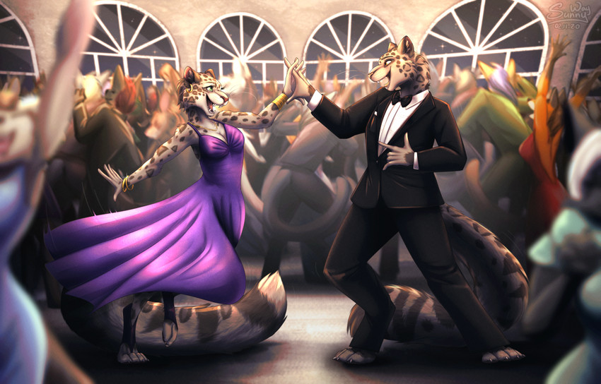 anthro ballroom barefoot black_tie_(suit) breasts claws cleavage clothed clothing crowd dancing dress duo_focus evening_gown feet female fluffy fluffy_tail group happy love male night open_mouth open_smile party paws smile suit tail toe_claws sunny_way as_dusk_falls_a_new_dawn_rises disney fallout microsoft zootopia fabienne_growley fan_character nate_(fallout) felid leopard mammal pantherine snow_leopard 2020 digital_drawing_(artwork) digital_media_(artwork)