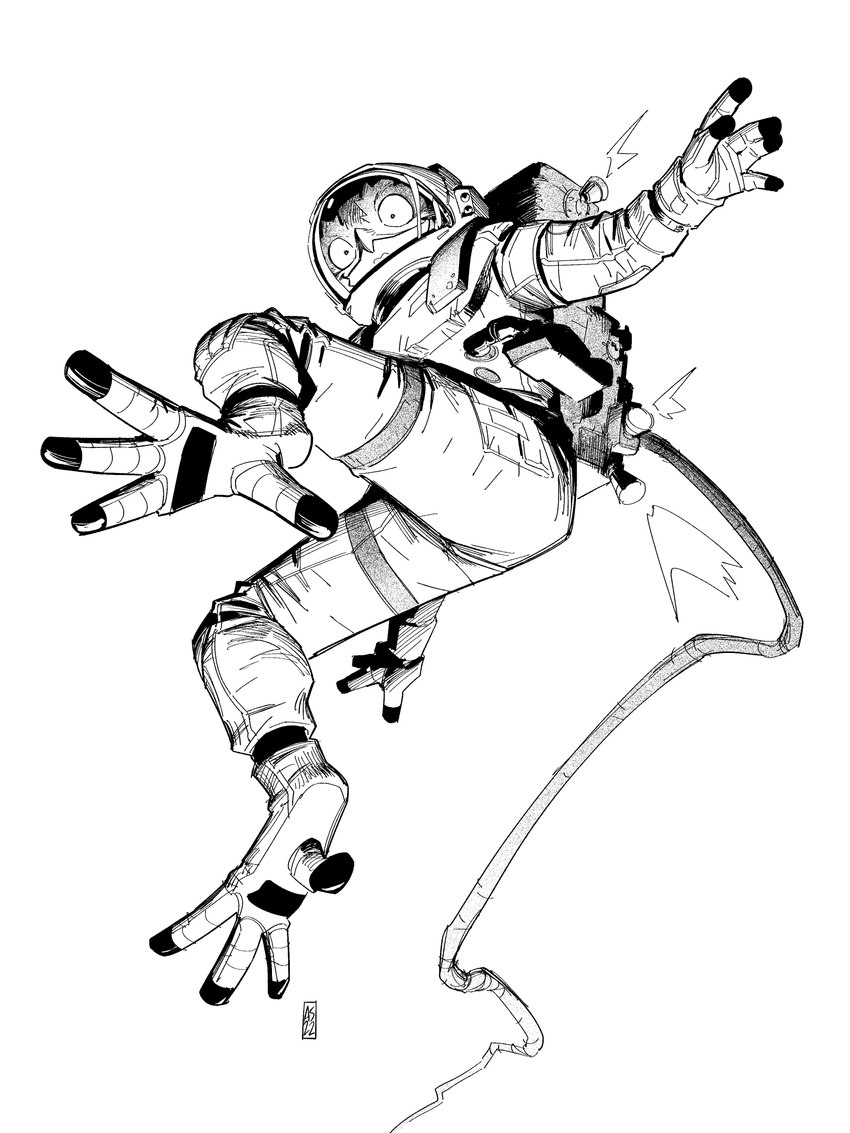 ambiguous_gender anthro feet foot_focus opposable_toes solo spacesuit tether cckatoo avian bird potoo 2022 3:4 absurd_res digital_media_(artwork) hi_res monochrome