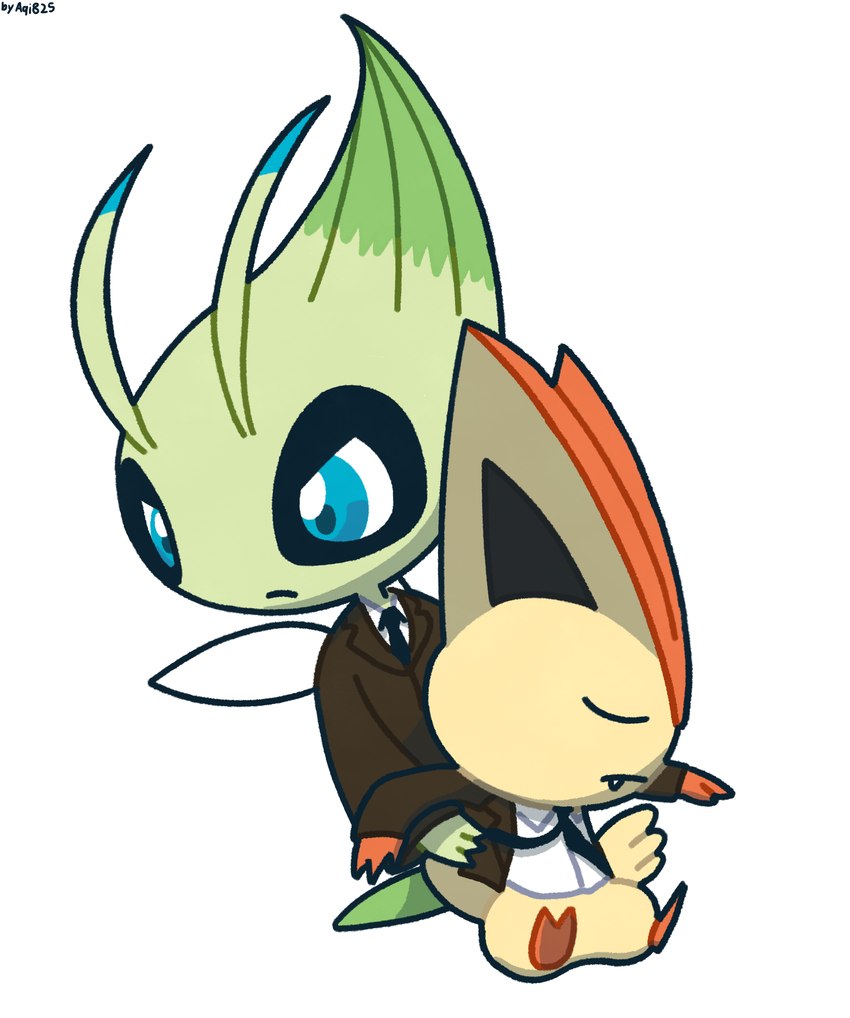 ambiguous_gender blue_eyes clothing duo feral fur green_body necktie suit suit_and_tie suiting suits tail yellow_body yellow_fur aqidee nintendo pokemon celebi generation_2_pokemon generation_5_pokemon legendary_pokemon pokemon_(species) victini digital_media_(artwork) hi_res