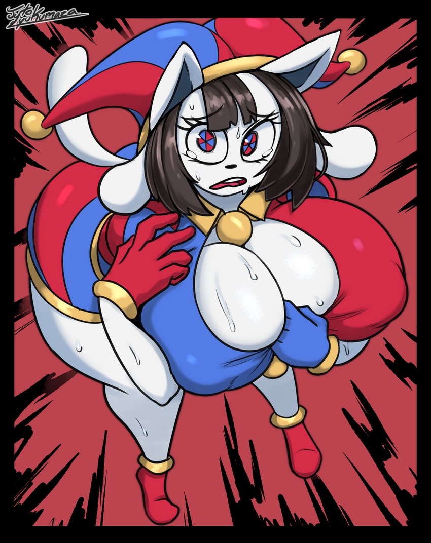 alternate_species bent_over big_breasts blue_eyes bodily_fluids breasts brown_hair butt cleavage clothed clothing cosplay crossover_cosplay female fool's_hat fur furrification fusion hair hat headgear headwear huge_breasts jester multicolored_eyes no_pupils pinwheel_eyes red_eyes sweat sweaty_breasts tail thick_thighs white_body white_ears white_fur jyto glitch_productions the_amazing_digital_circus undertale undertale_(series) pomni_(tadc) temmie_(undertale) canid canine felid mammal tem 2023 crossover hi_res