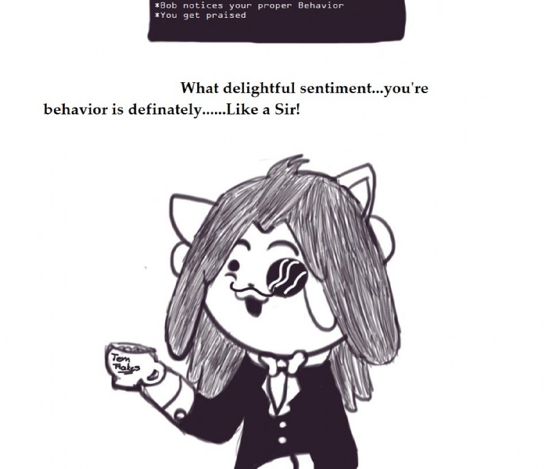 anthro bow_(feature) bow_tie container cup dialogue dialogue_box eyewear facial_hair humor male monocle mustache solo suite tea_cup text animextremex undertale undertale_(series) bob_(undertale) temmie_(undertale) mammal tem english_text meme