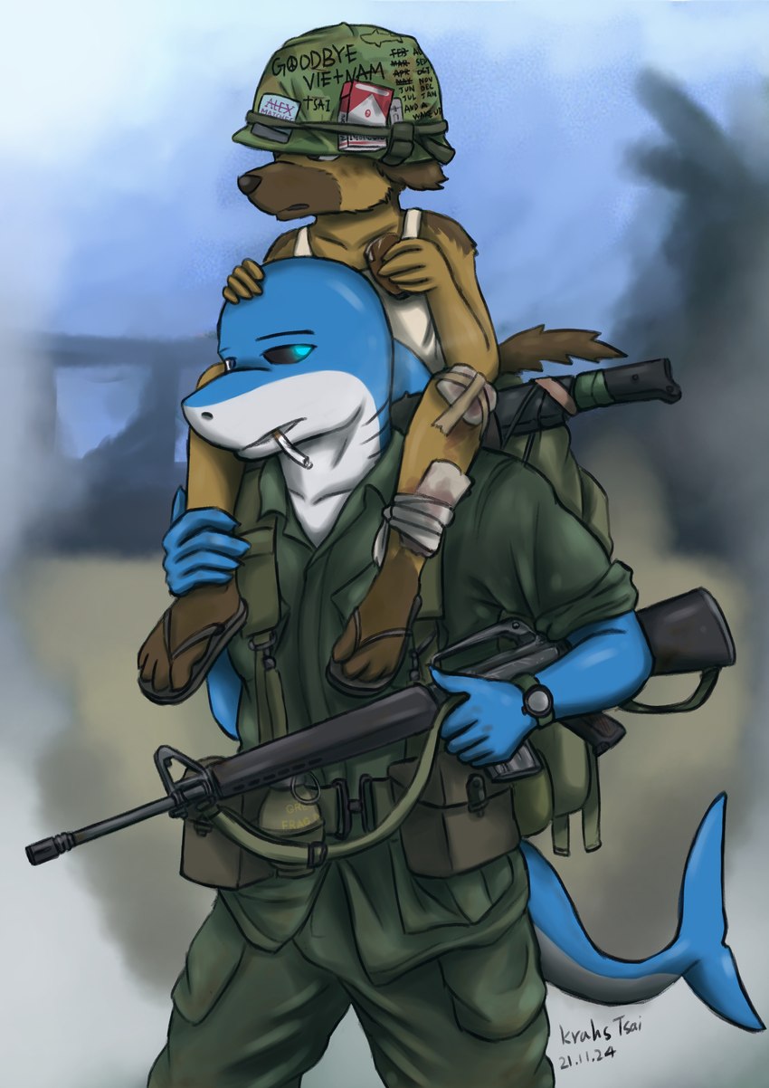 anthro ar-15 ar_platform armor assault_rifle black_sclera blue_eyes carrying_another cigarette cigarette_in_mouth clock clothed clothing duo front_view fully_clothed gun headgear helmet holding_gun holding_object holding_ranged_weapon holding_weapon looking_aside looking_at_viewer looking_away m16 male military military_uniform multicolored_body object_in_mouth on_shoulders ranged_weapon rifle shirt smoking tank_top topwear two_tone_body uniform vietnam vietnam_war war watch weapon young krahs_tsai krahs_(krahs_tsai) canid canine canis domestic_dog fish german_shepherd herding_dog mammal marine pastoral_dog shark absurd_res hi_res