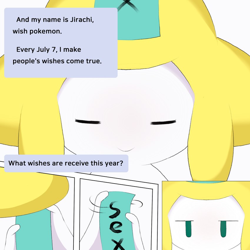 anthro close-up disappointed expressionless eyes_closed female green_eyes holding_object simple_background simple_eyes smile solo text text_box white_body francat nintendo pokemon tanabata generation_3_pokemon jirachi legendary_pokemon pokemon_(species) 1:1 absurd_res english_text hi_res