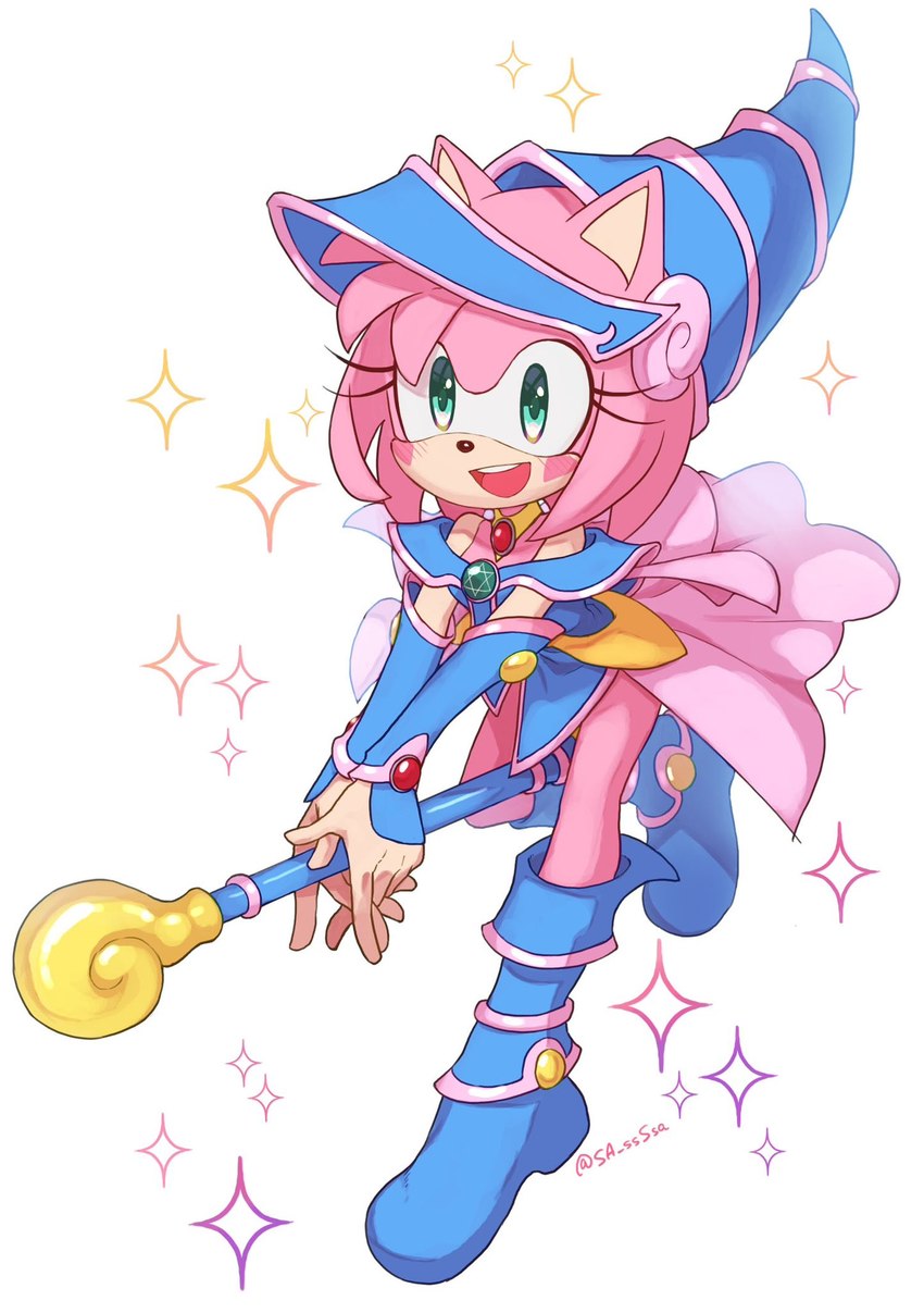 alternative_fashion anthro blush boots clothing cosplay crossover_cosplay cyberpop female footwear green_eyes hat headgear headwear j-fashion kemono open_mouth open_smile shoes simple_background smile solo sparkles thin_thighs sa_ssssa sega sonic_the_hedgehog_(series) yu-gi-oh! amy_rose dark_magician_girl duel_monster eulipotyphlan hedgehog mammal 2023 crossover hi_res pastel_theme signature