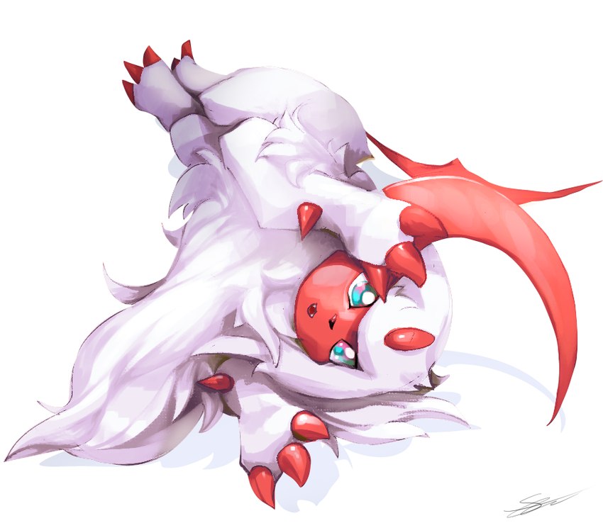 ambiguous_gender blue_eyes claws fangs feral fur horn lying on_side open_mouth simple_background solo tail teeth white_body white_fur likey nintendo pokemon absol generation_3_pokemon pokemon_(species) shiny_pokemon 2024 signature