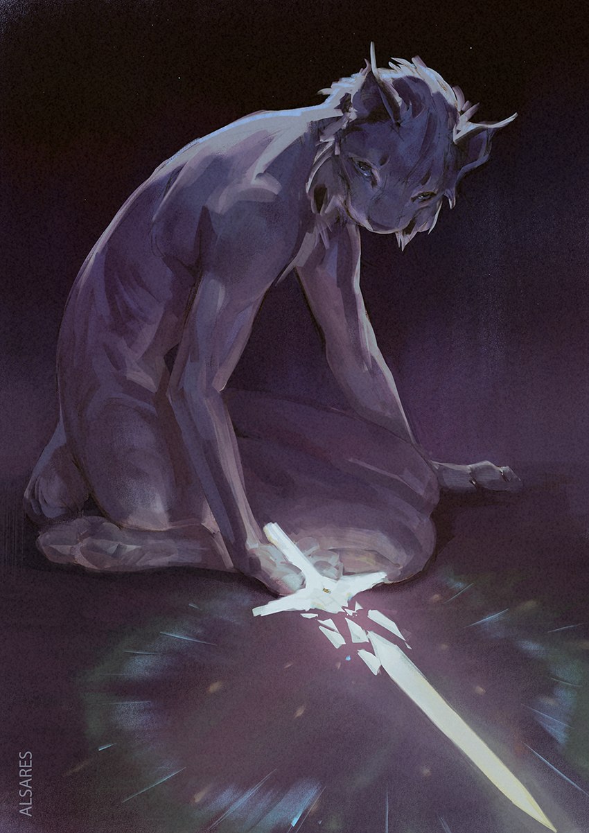 ambiguous_gender anthro broken_sword feet fingers gradient_background high-angle_view kneeling looking_at_viewer melee_weapon nude pose seiza side_view simple_background sitting solo sword text toes weapon alsares felid feline lynx mammal 2022 artist_name dark_theme digital_media_(artwork) digital_painting_(artwork) english_text full-length_portrait hi_res portrait shaded simple_shading