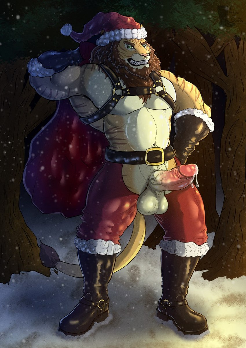 anthro balls beard belt big_balls big_penis blue_eyes bodily_fluids boots bottomwear christmas_clothing christmas_headwear clothing crotchless_bottomwear crotchless_clothing crotchless_pants duo erection facial_hair facial_piercing footwear forest fur genital_fluids genitals gloves handwear harness hat headgear headwear holidays humanoid_genitalia humanoid_penis leaking_precum leather leather_boots leather_clothing leather_footwear leather_gloves leather_handwear leather_harness looking_at_viewer male mostly_nude_anthro mostly_nude_male multicolored_body multicolored_fur muscular muscular_anthro muscular_male nose_piercing nose_ring outdoor_nudity outside pants penis piercing pink_nose plant precum ring_piercing sack santa_hat shoes smile smiling_at_viewer smirk smirking_at_viewer snow snowing snowing_outside solo striped_body striped_fur stripes tan_body tan_fur tree two_tone_body two_tone_fur kirlanlion christmas felid hybrid liger lion mammal pantherine tiger hi_res