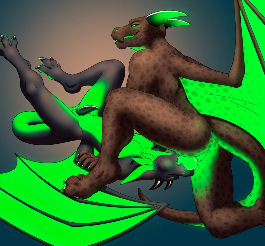 anthro black_body butt deep_throat duo fellatio genitals glowing glowing_body glowing_genitalia green_body green_horn green_penis green_wings horn knot male male/male markings multicolored_body oral oral_penetration penetration penile penis sex simple_background spots spotted_body tail tapering_penis two_tone_body wings the-crowfox mythology swift_(swift_dragon99) zaks_(character) dragon luceiry mythological_creature mythological_scalie scalie hi_res