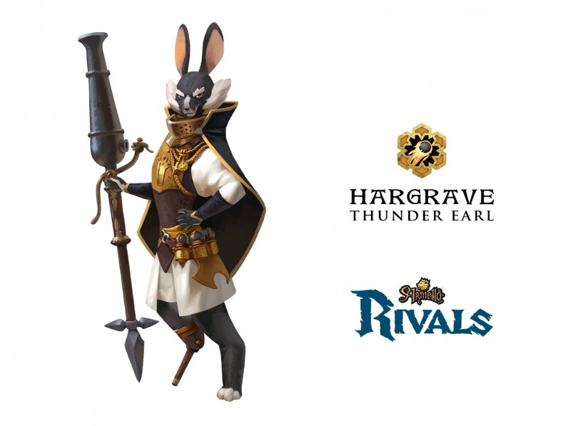 anthro armor cannon cape clothing gonne gun male melee_weapon pegleg polearm prosthetic prosthetic_leg prosthetic_limb ranged_weapon simple_background solo spear text weapon white_background armello league_of_geeks hargrave_(armello) lagomorph leporid mammal rabbit english_text hi_res official_art