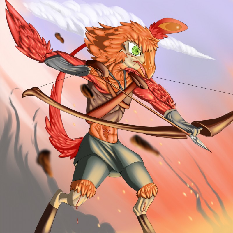 anthro arrow_(weapon) bow_(weapon) feathers fight holding_object holding_weapon male ranged_weapon solo weapon wounded winteranswer rakas avian bird nevrean 1:1 hi_res