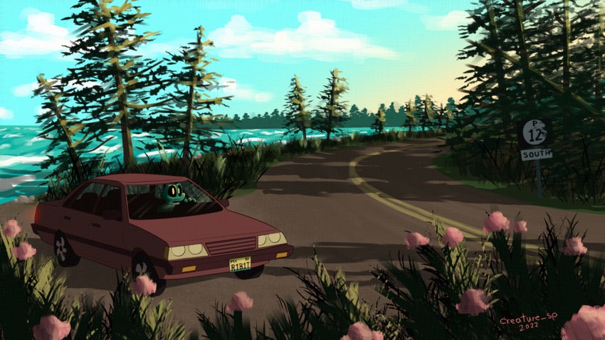 ambiguous_gender anthro car cloud detailed_background driving evergreen_tree flower grass komorebi lake license_plate light pine_tree plant planted_sign retro_car road road_sign shadow shoreline sign solo sunset tree vehicle water wave creature_sp amphibian frog 16:9 digital_media_(artwork) digital_painting_(artwork) hi_res lighting painting_(artwork) widescreen