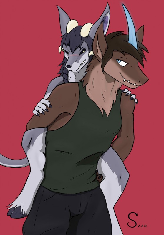 anthro blue_eyes brown_body brown_fur carrying_another claws clothing duo fangs fur grey_body grey_fur hair half-closed_eyes hooves horn male narrowed_eyes piggyback teeth sasq mythology ahemai_(maim) rosier canid canid_demon canine canis demon domestic_dog hellhound mammal monster mythological_canine mythological_creature 2013 hi_res signature