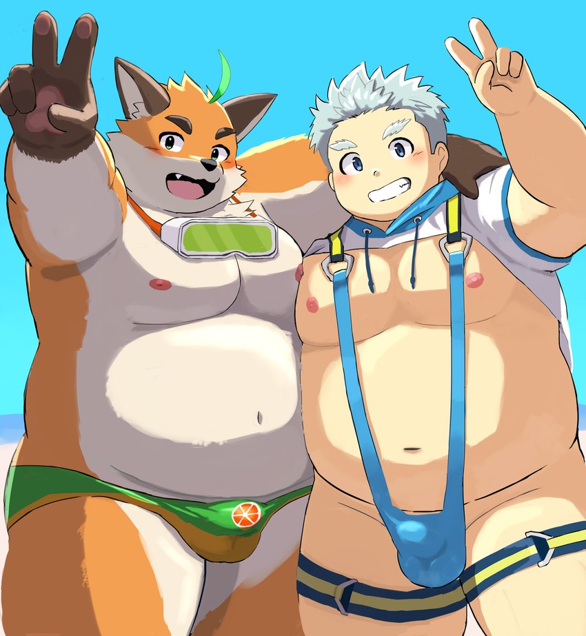 anthro balls_outline belly bikini blush bulge clothing detailed_bulge duo fur genital_outline gesture grin hand_gesture male male/male navel nipples one-piece_swimsuit orange_body orange_fur overweight overweight_male pawpads sling_bikini smile speedo swimwear two-piece_swimsuit v_sign 9dtq0 tamacolle iyo_(tamacolle) canid canine fox human mammal absurd_res hi_res