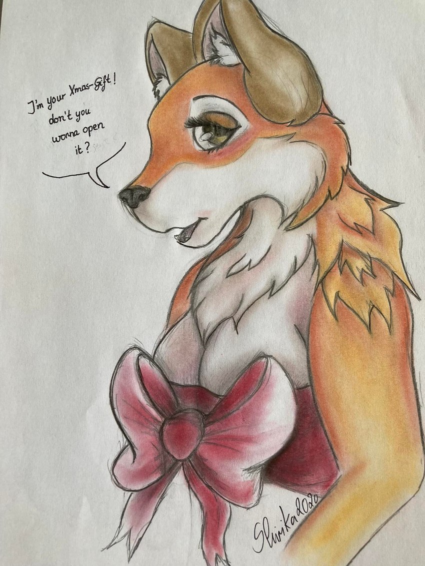 anthro big_breasts big_ears black_nose breasts brown_eye christmas_gift dialogue female fluffy_ears fur inner_ear_fluff multicolored_body multicolored_fur open_box open_mouth orange_body orange_fur red_body red_fur red_ribbon solo text tuft white_body white_breasts white_fur shirika_(artist) rouge_(shirika) canid canine fox mammal 2020 3:4 english_text hi_res source_request