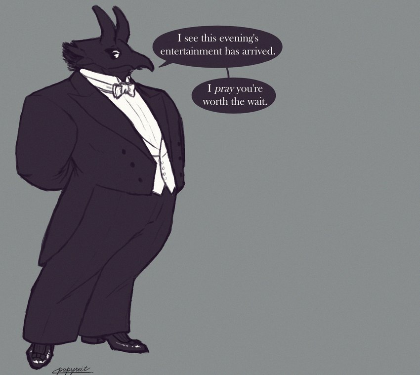 anthro beak black_body black_clothing black_footwear black_socks bow_tie classy clothing coat collar dialogue dress_pants dress_shirt dress_shoes footwear formal_wear horn male narcissism necktie overweight overweight_anthro overweight_male shirt socks solo speech_bubble spikes standing tailcoat topwear vest white_necktie papyreit cassius_(papyreit) demon hi_res