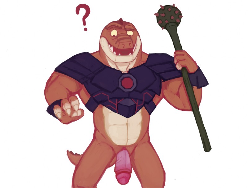 anthro armor bottomless clothed clothing confusion foreskin genitals half-erect humanoid_genitalia humanoid_penis male morning_star mostly_nude multicolored_body multicolored_skin muscular muscular_anthro muscular_male penis question_mark simple_background solo tan_body tan_skin two_tone_body two_tone_skin vein veiny_penis white_background spectral-bat disney pixar toy_story reptillus_maximus scalie