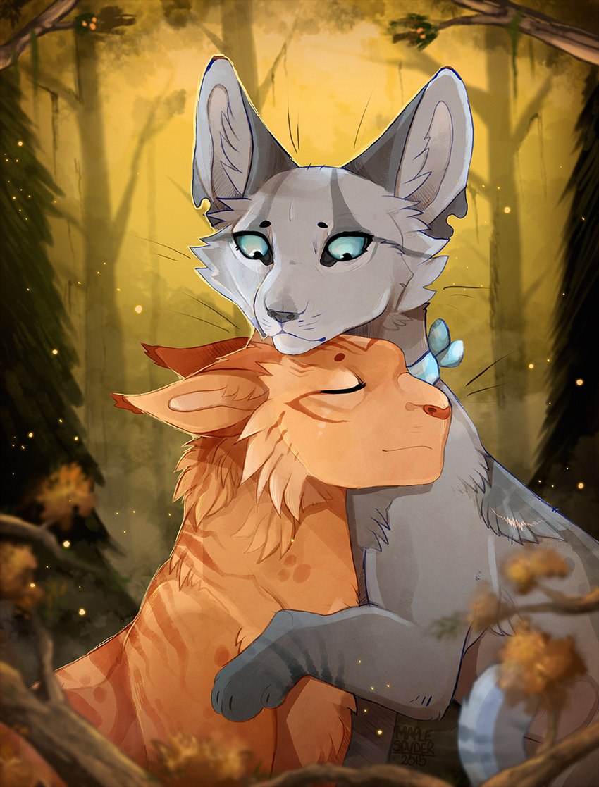 ambiguous_gender blue_eyes blue_kerchief blue_neckerchief brown_nose detailed_background duo ear_tuft ears_down eyes_closed feral forest fur grey_body grey_fur grey_nose kerchief leaning_on_another looking_down_at_another neckerchief neckwear orange_body orange_fur outside paws pivoted_ears plant sitting snout tail tree tuft whiskers maplespyder finch_(finchwing) maple_(maplespyder) domestic_cat felid feline felis mammal 2015 digital_media_(artwork) digital_painting_(artwork) hi_res shaded