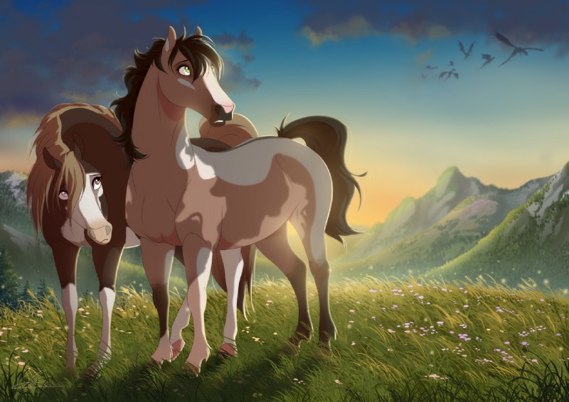 ambiguous_gender black_hair brown_eyes brown_hair day detailed_background duo feral grass green_eyes hair hooves outside plant sky dvixie equid equine horse mammal 2018 digital_media_(artwork)