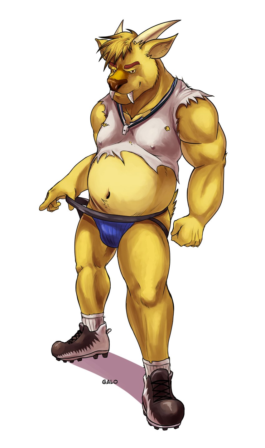 anthro belly cleats clothing clothing_pull coach crop_top fangs footwear fur horn jockstrap jockstrap_pull male midriff shirt socks solo teeth topwear underwear underwear_pull whistle_(object) yellow_body yellow_fur galloroster dj_strap cervine deer mammal muntjac absurd_res hi_res