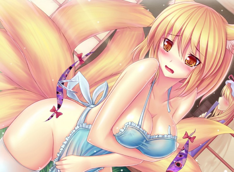 9_tails apron apron_only big_breasts blonde_hair blush bodily_fluids breasts clothing door duo dutch_angle embarrassed erect_nipples female folding_fan hair hair_over_eyes hand_fan hat hat_ribbon headgear headwear holding_breast legwear long_hair mostly_nude multi_tail nipples pupils ribbons scissors short_hair slit_pupils smile tail tears thigh_highs yellow_eyes walzrj touhou ran_yakumo yukari_yakumo animal_humanoid canid canid_humanoid canine canine_humanoid fox fox_humanoid humanoid mammal mammal_humanoid 2011