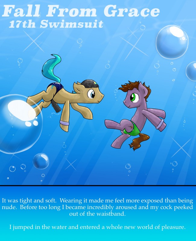 air_bubble bodily_fluids clothed clothing duo erection fall_from_grace feral genitals hooves male male/male penis skimpy smile speedo swimming swimming_cap swimwear text topless water killian_joy friendship_is_magic hasbro my_little_pony equid mammal english_text hi_res