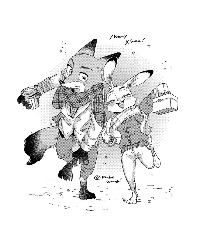 anthro barefoot blush buckteeth cheek_tuft clothed clothing container cup dipstick_ears duo ear_markings eyes_closed facial_tuft feet fully_clothed fur holding_container holding_cup holding_object multicolored_ears open_mouth open_smile scarf smile teeth tuft kabe2mugi disney zootopia judy_hopps nick_wilde canid canine fox lagomorph leporid mammal rabbit red_fox true_fox 2019 hi_res monochrome