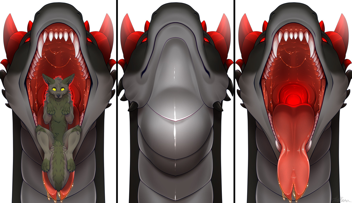 black_body bodily_fluids brown_body duo feral fur green_body horn mouth_shot open_mouth oral_vore red_eyes red_horn red_tongue saliva simple_background size_difference swallowing tail teeth tongue vore yellow_eyes hellezra mythology nameless_(4wrz) canid canine canis dragon mammal mythological_creature mythological_scalie scalie wolf absurd_res hi_res