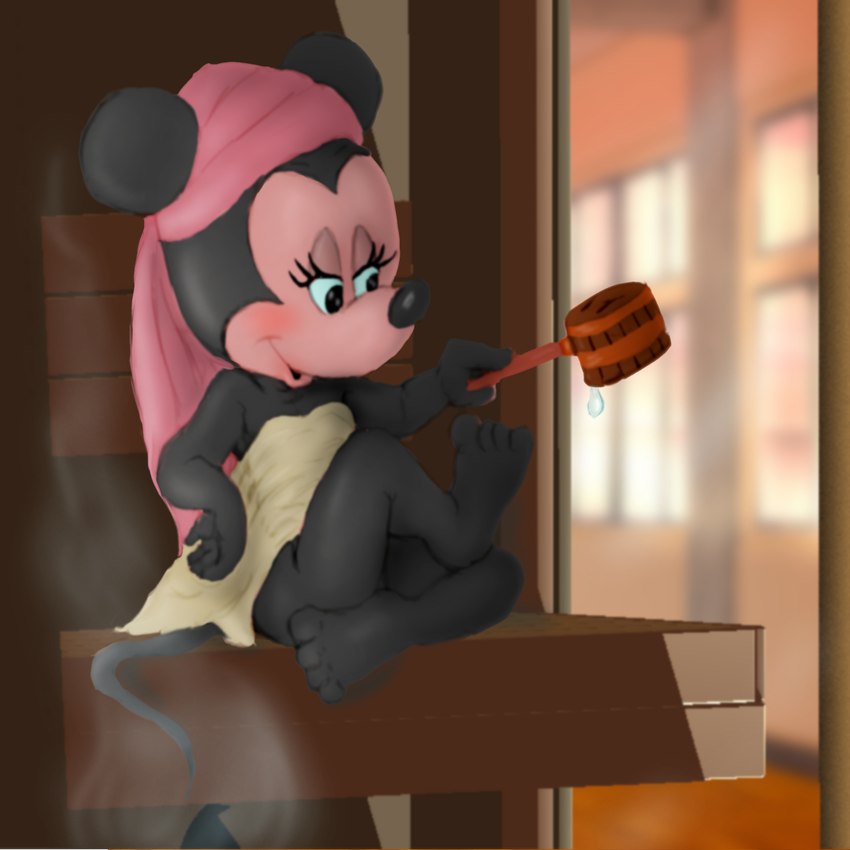 anthro barefoot black_body black_fur feet female fur sauna solo steam strategically_covered towel towel_on_head towel_only funimal mousetache disney minnie_mouse mammal mouse murid murine rodent 1:1 hi_res