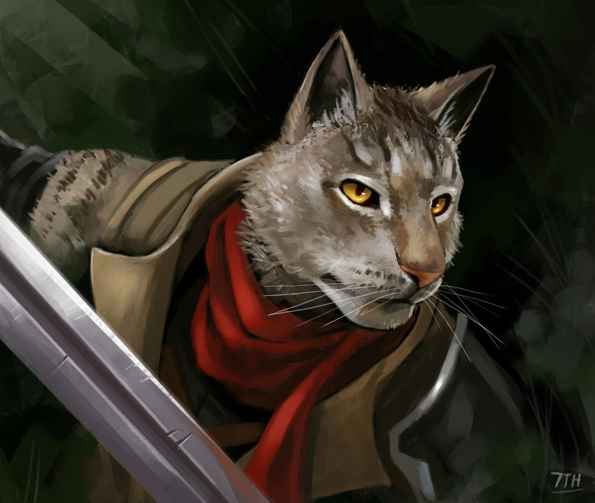 anthro brown_body brown_fur clothed clothing fur male melee_weapon multicolored_body multicolored_fur scarf simple_background solo stripes sword weapon whisker_spots whiskers yellow_eyes 7theaven microsoft the_elder_scrolls zah'ari_(character) felid feline khajiit mammal absurd_res hi_res